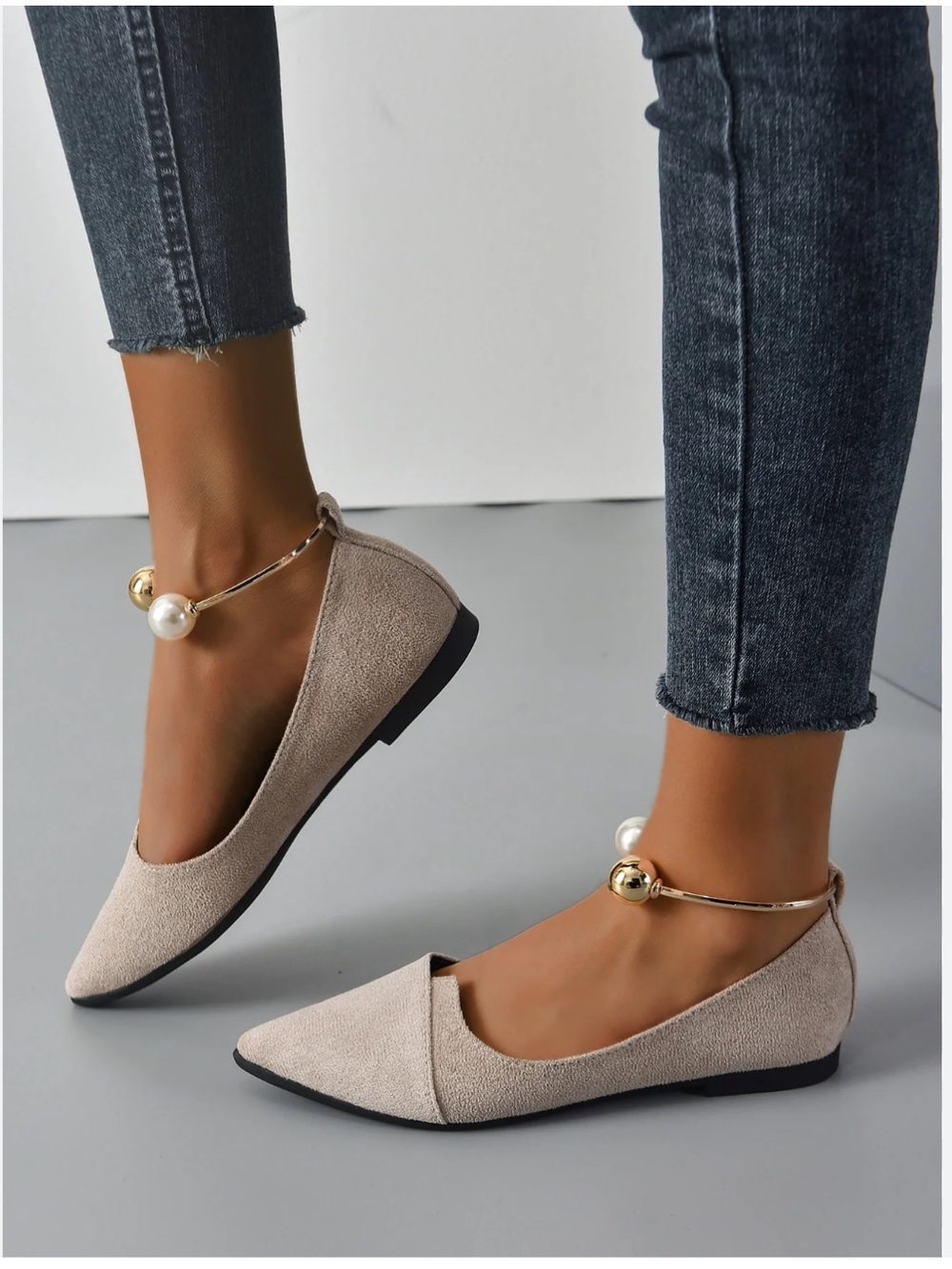 Women Faux Ankle Pearl Strap Point Toe Flats